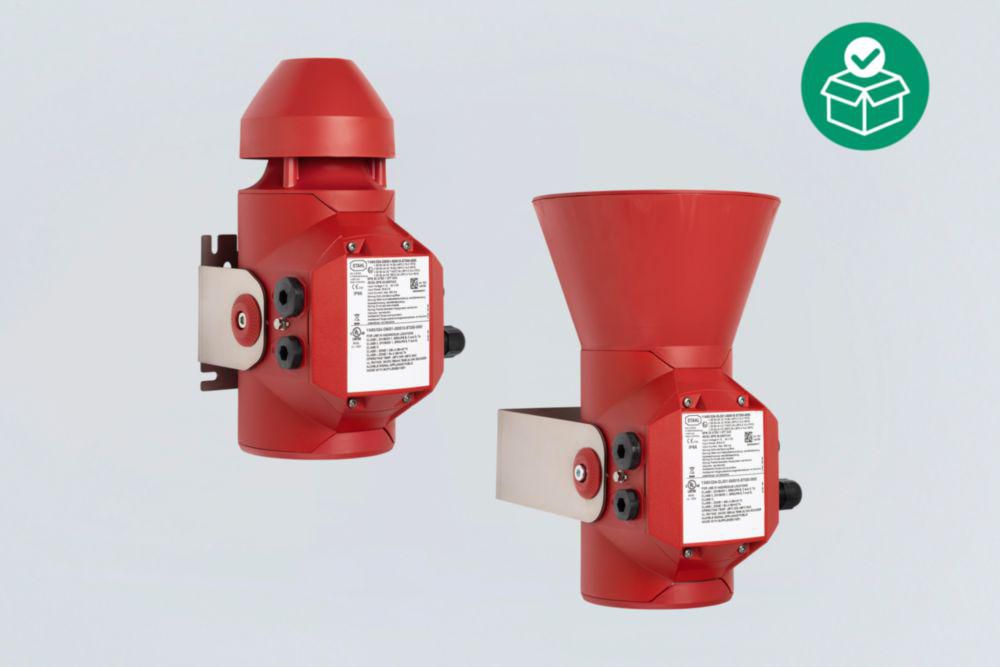 Druckfest gekapselt, akustischer Signalgeber, rot, ähnlich RAL 3020,  max. 114 dB(A) @ 1m, 12 ... 27.20 V DC,  Kabelverschraubungen: 1 x M20 Ø 4 – 13 mm/1 x M25 Ø 7 – 17 mm,  Zone1/2/21/22
