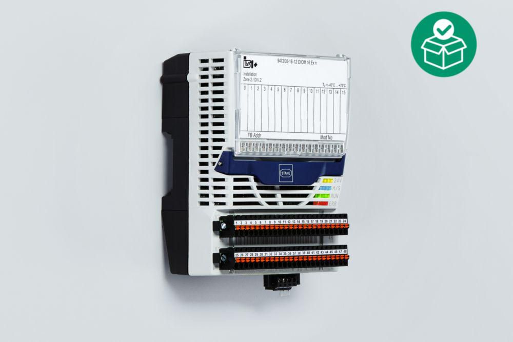 24 V dig. input/output module for Zone 2 Ex n, (adjustable parameters in pairs)/16 Ex ec inputs/outputs, Max. number of counter inputs: 8 (channel 8 to 15), Hot swap, Zone 2