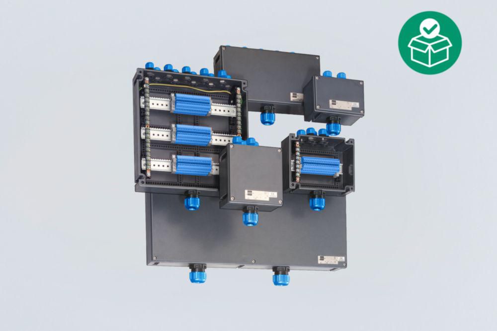 Ex i terminal box, Polyester resin, 60 V, 1x 2-conductor, 2.5 mm2, blue, 49, 1x Mounting rail 35 x 301 mm, Zone 1/2/21/22