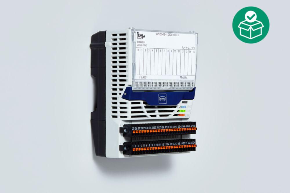 Digital input/output module for Zone 2 Ex n, (adjustable parameters in pairs)/16 Ex ec inputs/outputs, Max. number of counter inputs: 8 (channel 8 to 15), Hot swap, Zone 2