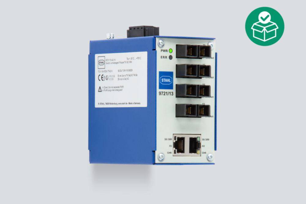 Unmanaged switch FX op is / TX SC for Zone 2 Multi mode, 12 to 30 V DC, Interface 1: 4 port, 100BASE-FX MM SC, Interface 2: 2 Port, 100BASE-TX, RJ45 4-pole screw terminal