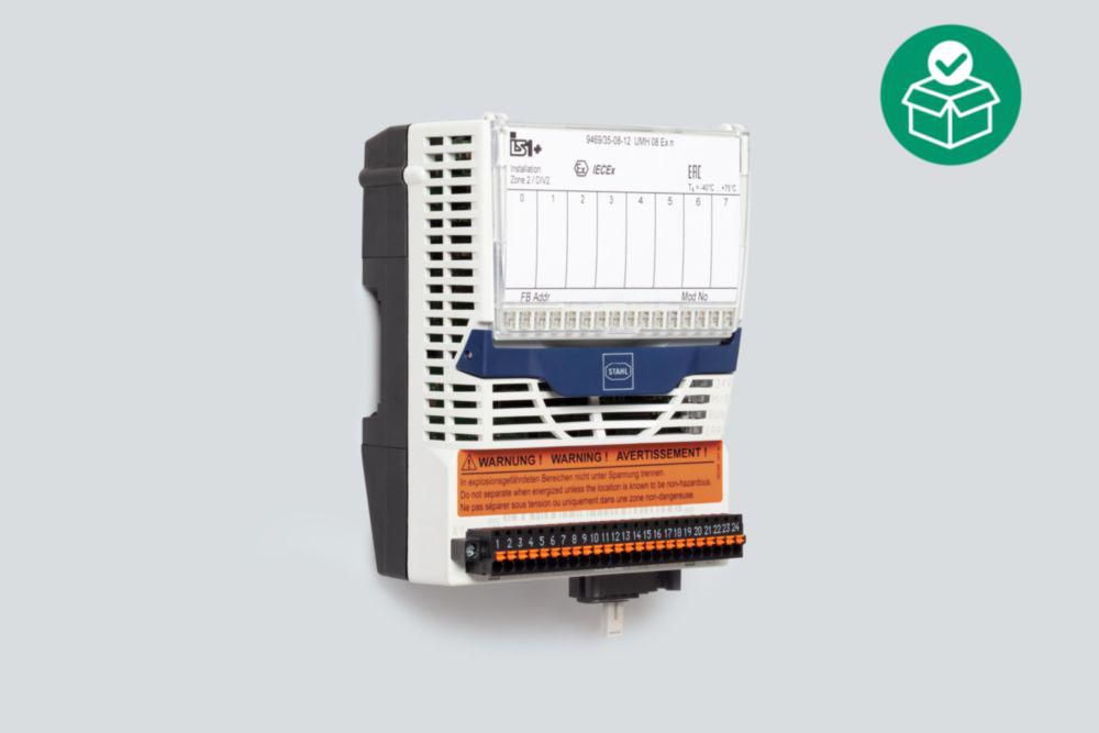 HART universal module for Zone 2 Ex n, (adjustable parameters in pairs)/8 Ex ec/nA universal input/output, Auxiliary power version: Intrinsically safe Ex ia via BusRail, Hot swap, Zone 2