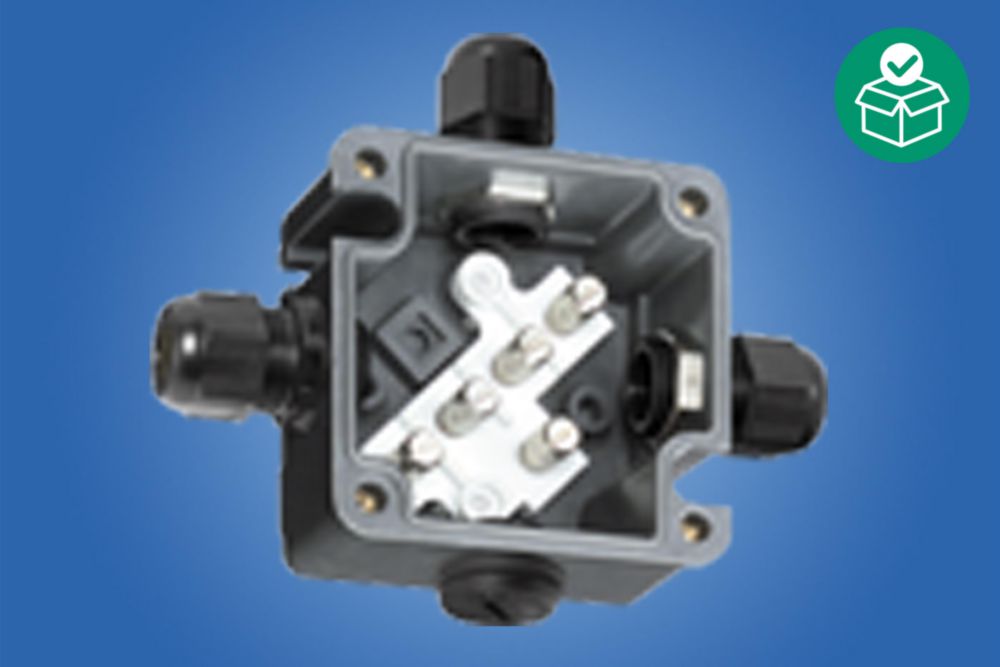 Ex e junction box, Polyester resin,  3 x M20 x 1.5 Polyamide cable gland, black, 4 - 13 mm,  1 x M20 x 1.5 Polyamide stopping plug, 5 x Mantle terminal 4 mm², Zone 1, 2, 21, 22