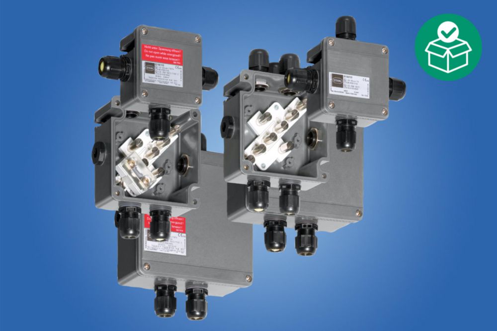 Ex e junction box, Polyester resin,  4 x M25 x 1.5 Polyamide cable gland, black, 7 - 17 mm,  5 x Mantle terminal 6 mm2, Zone 1, 2, 21, 22