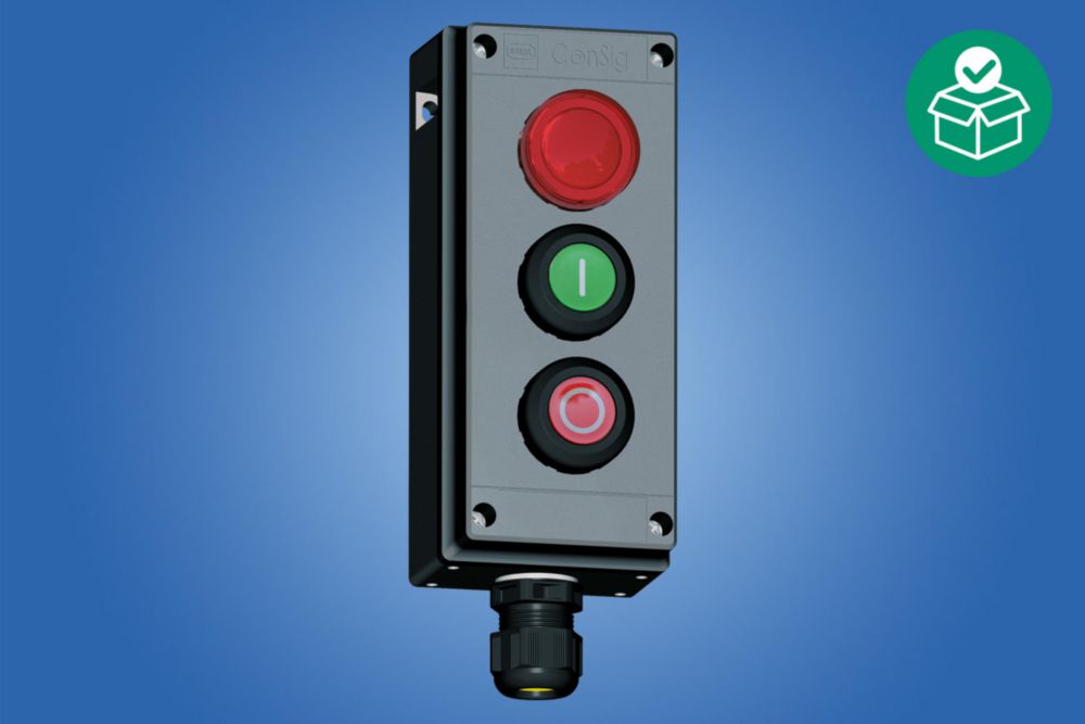 8040/1380X-54C06SA70-01L13SA05-01L08SA05, LED indicator lamp and two pushbuttons, Installation position top: Indicator lamp bezel, All colours, LED indicator lamp, Installation position middle: Pushbutton, Green - 