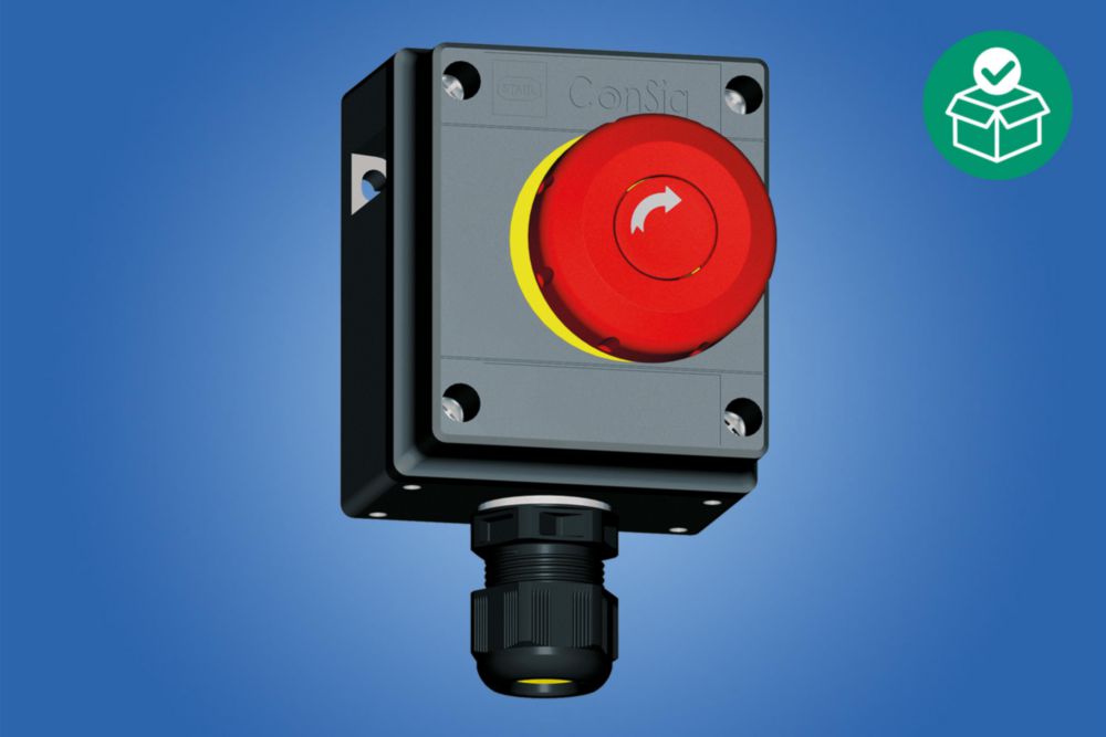 8040/1180X-15L07SA05, Mushroom stay-put button, Installation position middle: EM-STOP mushroom stay-put button 55, Red – (rotating arrow), Contact element NC/NO,   Zone 1, 2, 21, 22