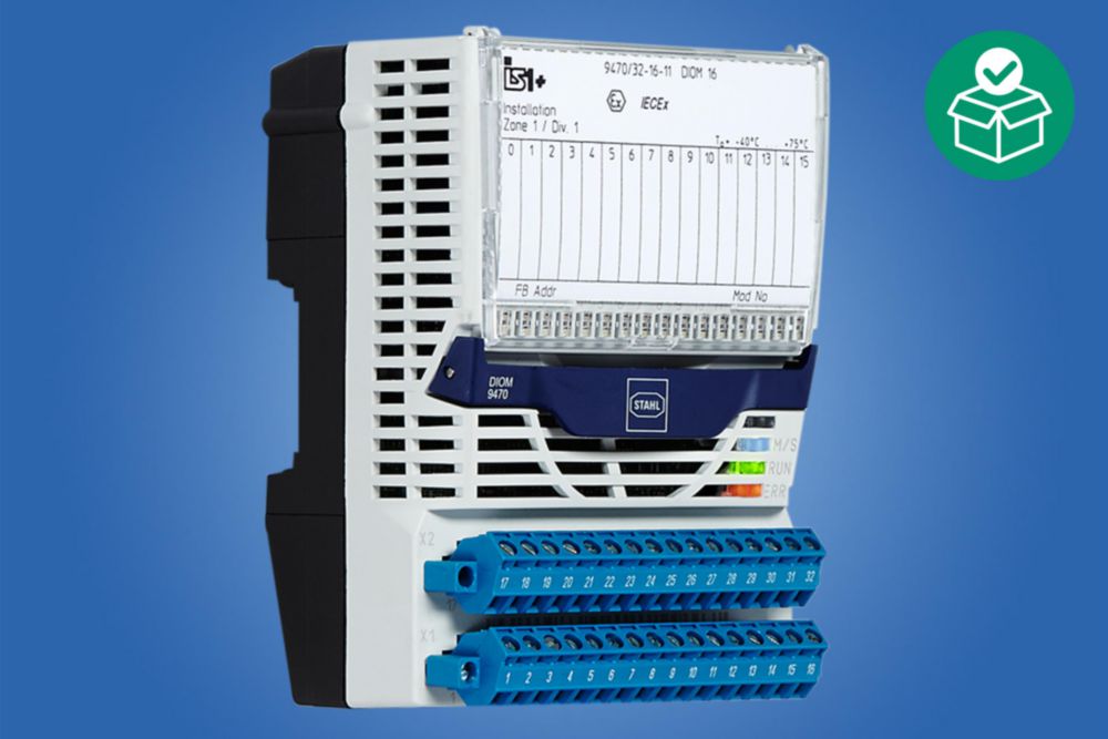 Remote I/O IS1+ Digital input/output module, (adjustable parameters in pairs)/16 Ex i inputs/outputs, Counter-/Frequency inputs: 8;Up/down counter/Frequency with direction, Zone 1/2