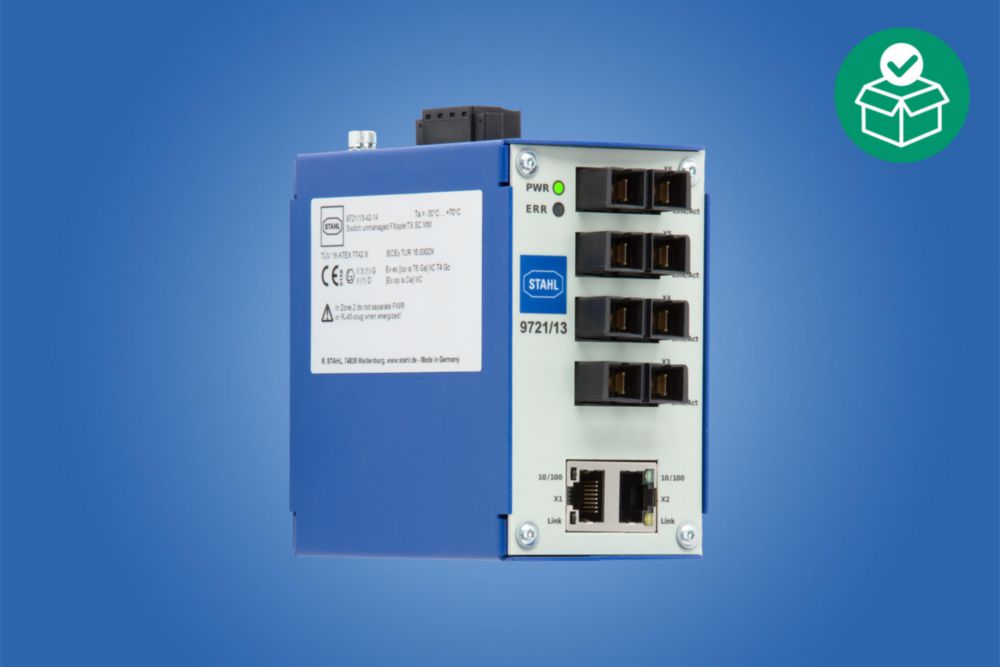 Unmanaged switch FX op is / TX SC for Zone 2 Multi mode, 12 to 30 V DC, Interface 1: 4 port, 100BASE-FX MM SC, Interface 2: 2 Port, 100BASE-TX, RJ45 4-pole screw terminal