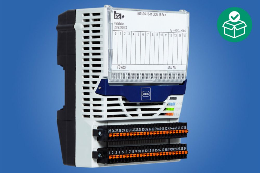 Digital input/output module for Zone 2 Ex n, (adjustable parameters in pairs)/16 Ex ec inputs/outputs, Max. number of counter inputs: 8 (channel 8 to 15), Hot swap, Zone 2