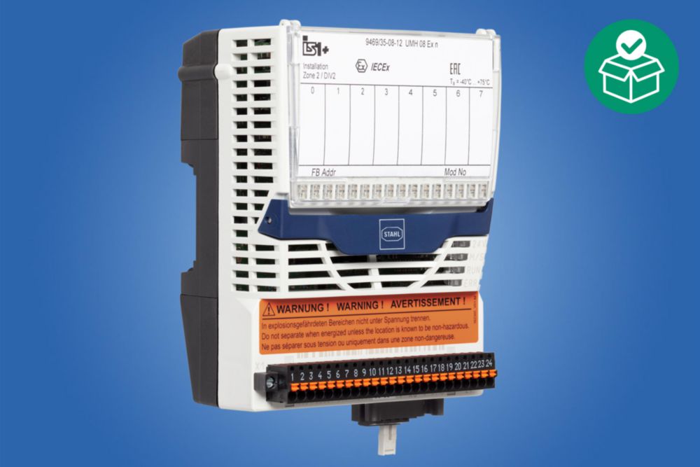 HART universal module for Zone 2 Ex n, (adjustable parameters in pairs)/8 Ex ec/nA universal input/output, Auxiliary power version: Intrinsically safe Ex ia via BusRail, Hot swap, Zone 2