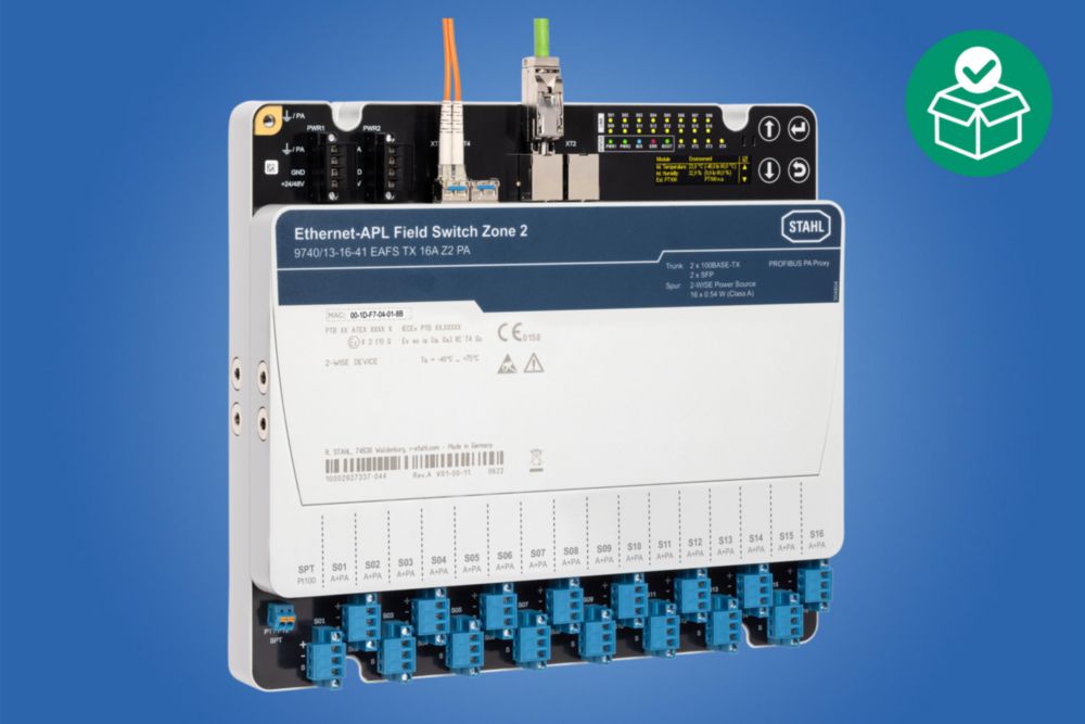 9740/13-16-41 Ethernet-APL field switch Zone 2 installation Trunk 2TX2FX 16 spurs ia 16APA Intrinsic safety concept: 2-WISE (CLC IEC/TS 60079-47)/FISCO (IEC 60079-11, -25)