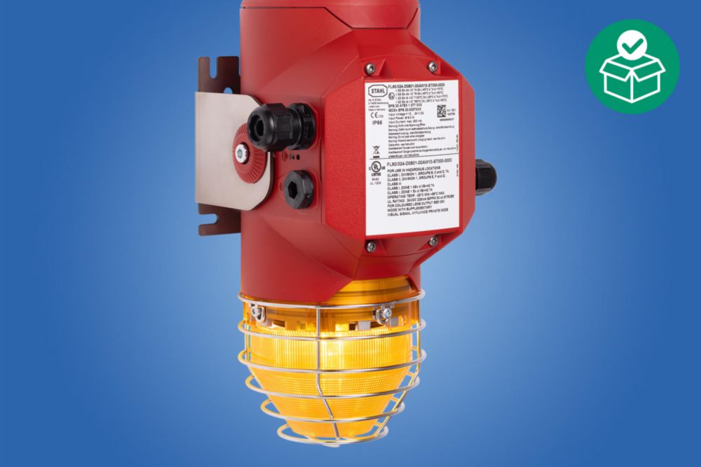 Optisches Signalgerät, LED-Leuchte,  Linsenfarbe: Bernstein, 12 ... 27.20 V DC,  Anzahl der Lampen: 1, Bohrungen: 2 x M20 + 2 x M25,  Zone 1/2/21/22