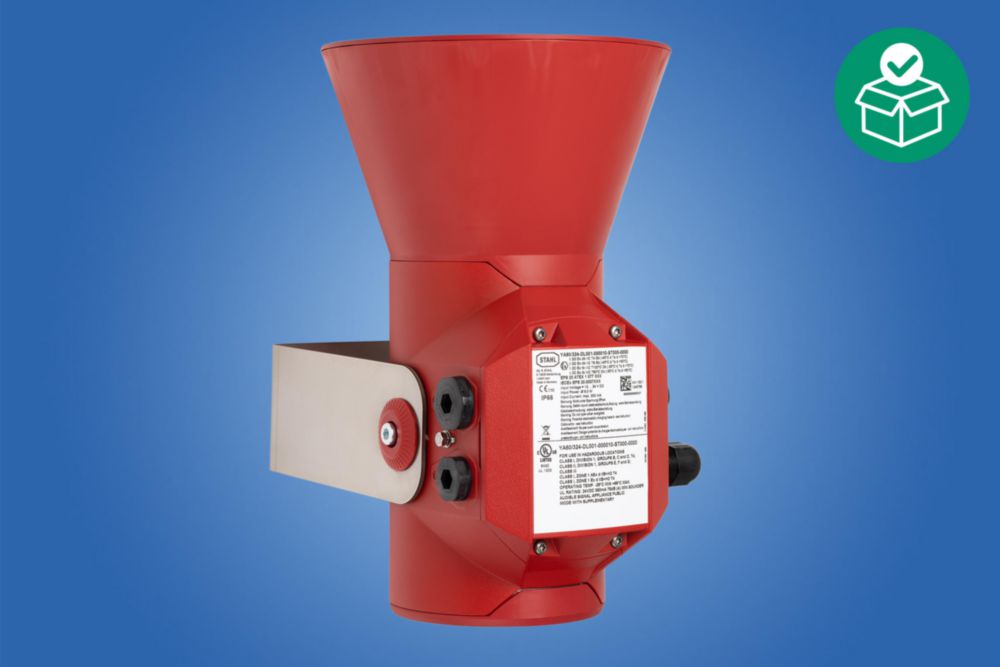 Druckfest gekapselt, akustischer Signalgeber, rot, ähnlich RAL 3020,  max. 120 dB(A) @ 1m, 12 ... 27.20 V DC,  Kabelverschraubungen: 1 x M20 Ø 4 – 13 mm/1 x M25 Ø 7 – 17 mm,  Zone1/2/21/22